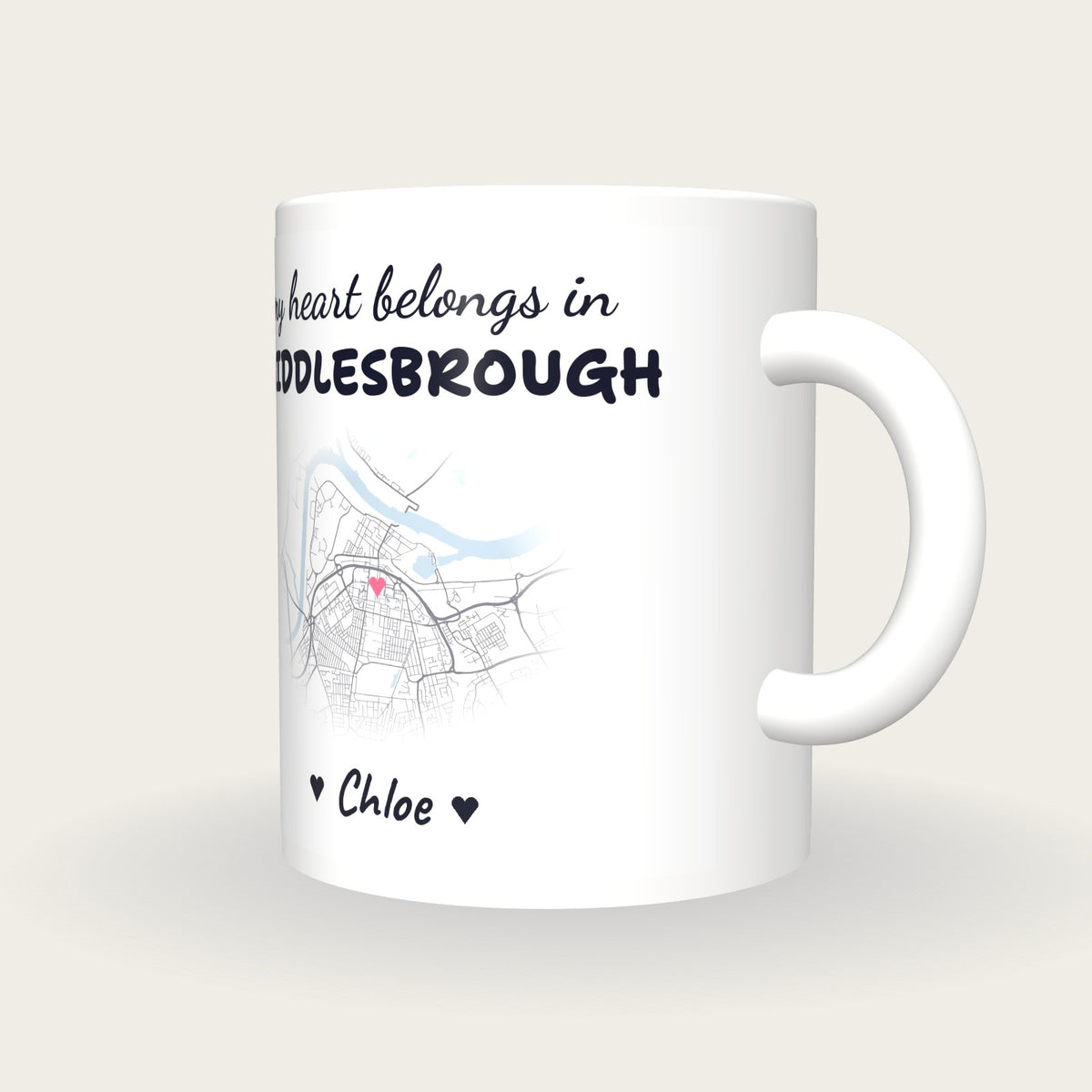 Personalised Middlesbrough Map Mug, My Heart Belongs In Middlesbrough, three-quarter view