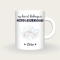 Personalised Middlesbrough Map Mug, My Heart Belongs In Middlesbrough, front