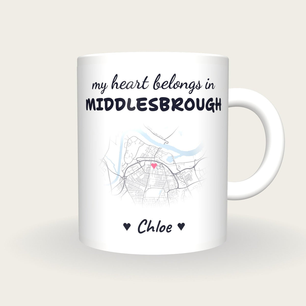 Personalised Middlesbrough Map Mug, My Heart Belongs In Middlesbrough, front