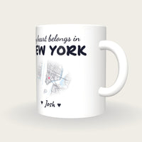 Personalised New York Map Mug, My Heart Belongs In New York, three-quarter view