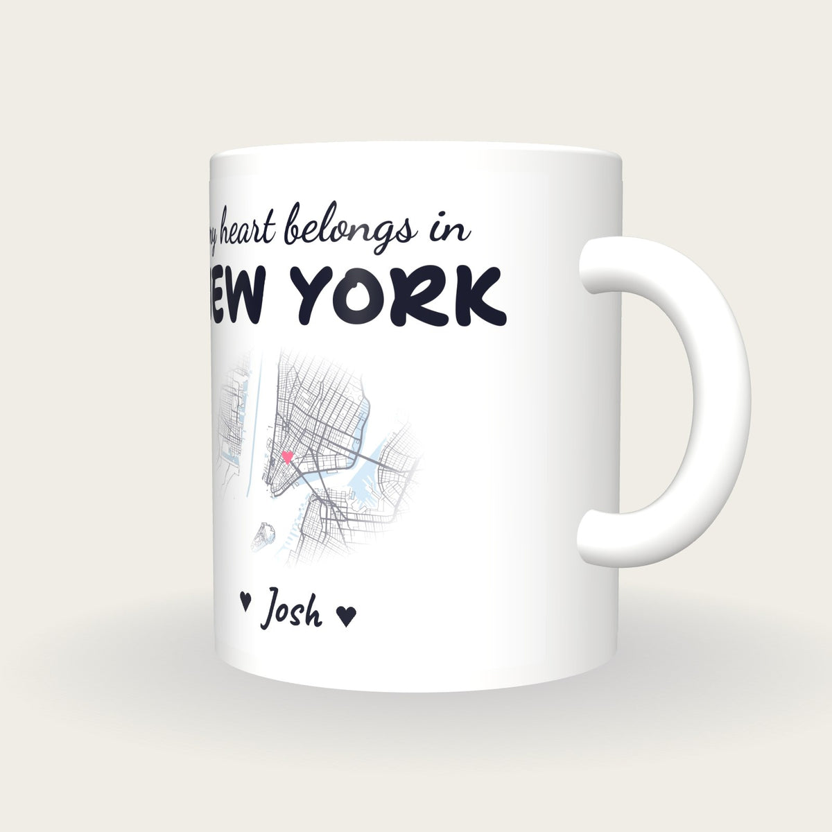 Personalised New York Map Mug, My Heart Belongs In New York, three-quarter view