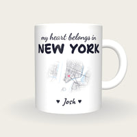 Personalised New York Map Mug, My Heart Belongs In New York, front