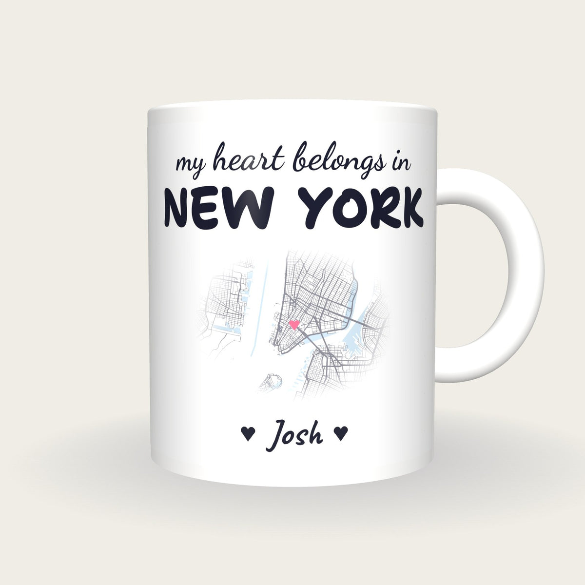 Personalised New York Map Mug, My Heart Belongs In New York, front