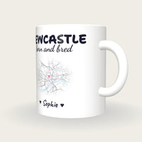 Personalised Newcastle Map Mug, Newcastle Born And Bred, three-quarter view
