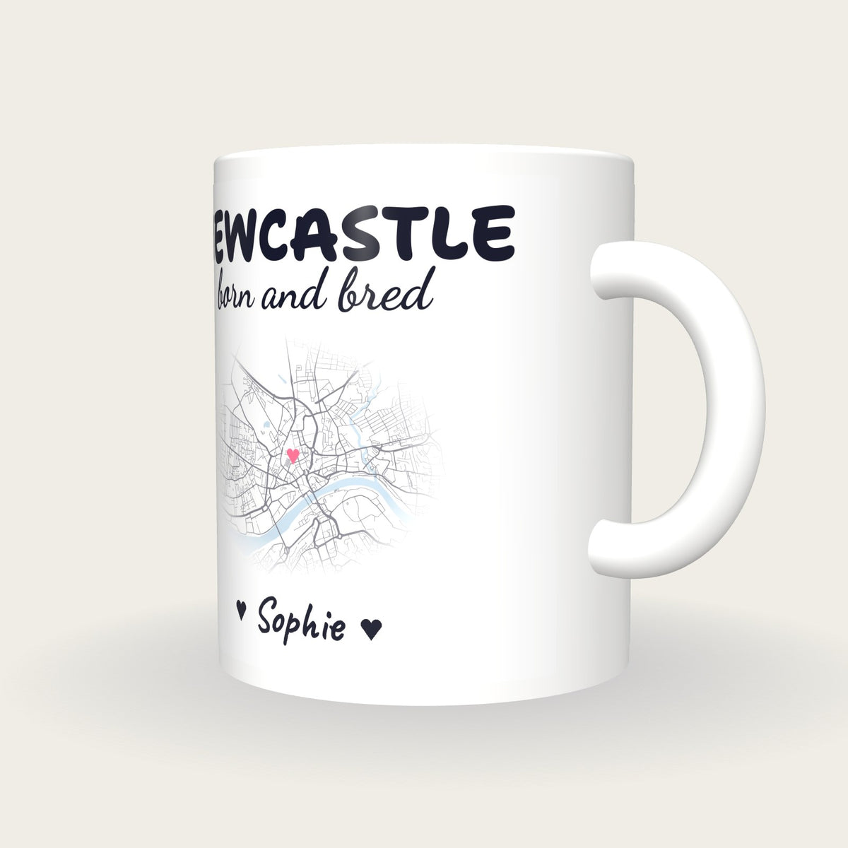 Personalised Newcastle Map Mug, Newcastle Born And Bred, three-quarter view