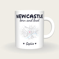 Personalised Newcastle Map Mug, Newcastle Born And Bred, front
