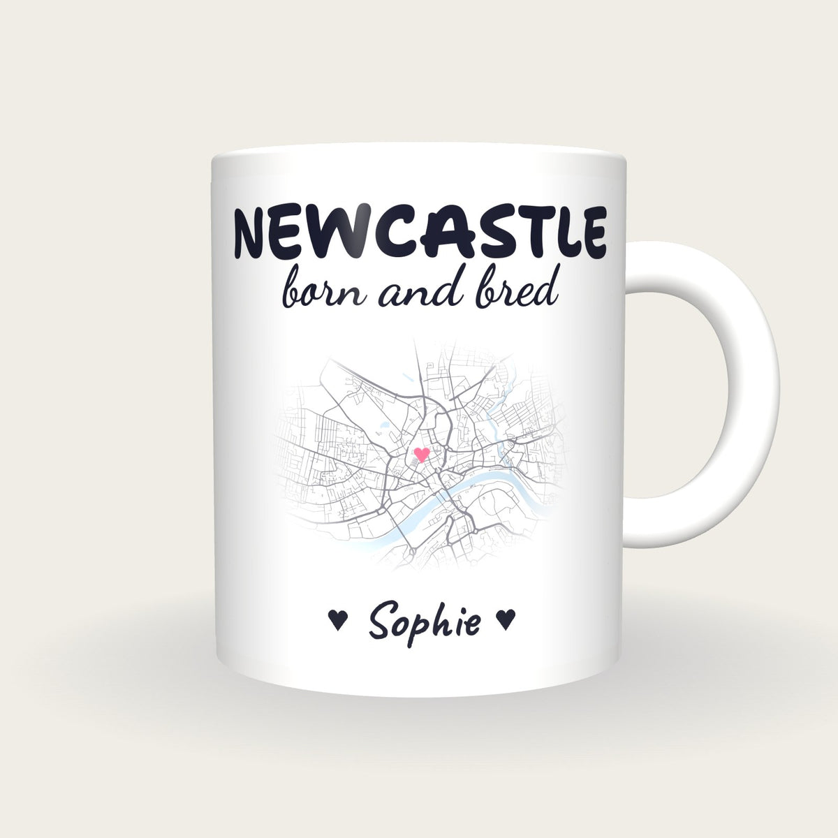 Personalised Newcastle Map Mug, Newcastle Born And Bred, front