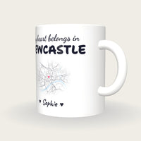 Personalised Newcastle Map Mug, My Heart Belongs In Newcastle, three-quarter view