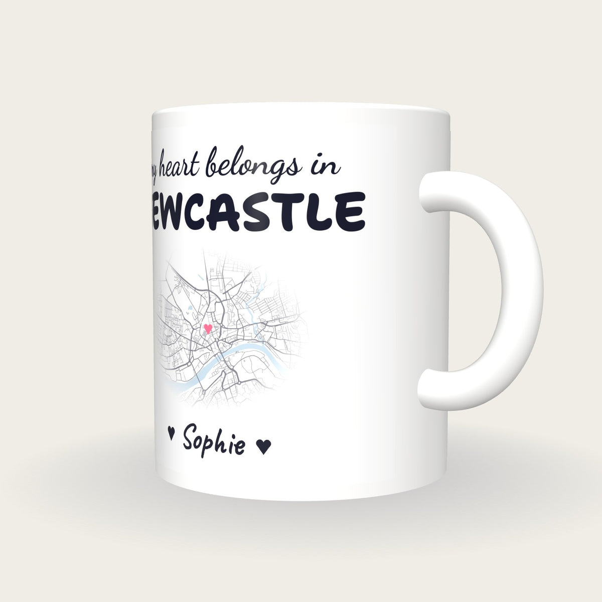 Personalised Newcastle Map Mug, My Heart Belongs In Newcastle, three-quarter view
