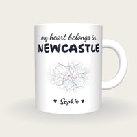 Personalised Newcastle Map Mug, My Heart Belongs In Newcastle, front