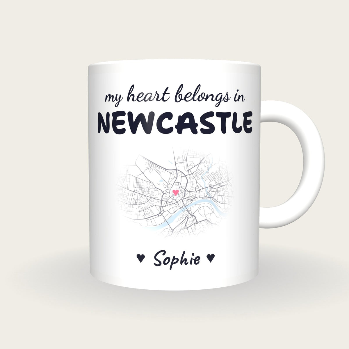 Personalised Newcastle Map Mug, My Heart Belongs In Newcastle, front