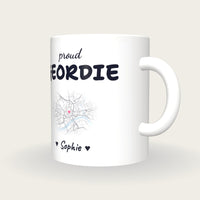 Personalised Newcastle Map Mug, Proud Geordie, three-quarter view