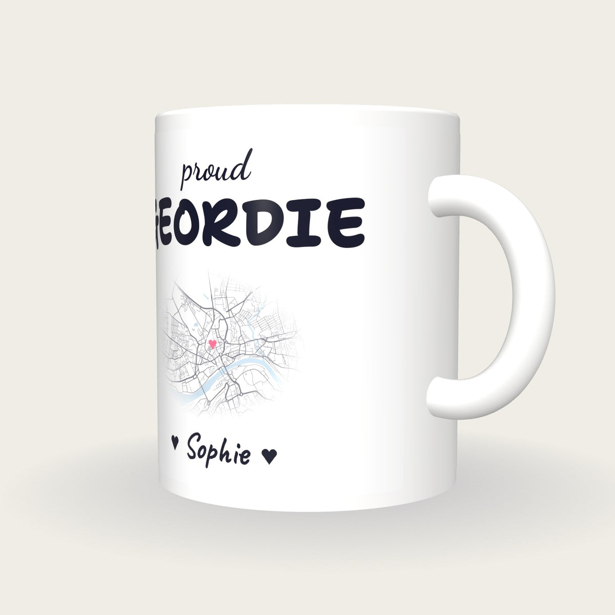 Personalised Newcastle Map Mug, Proud Geordie, three-quarter view