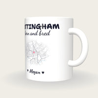 Personalised Nottingham Map Mug, Nottingham Born And Bred, three-quarter view