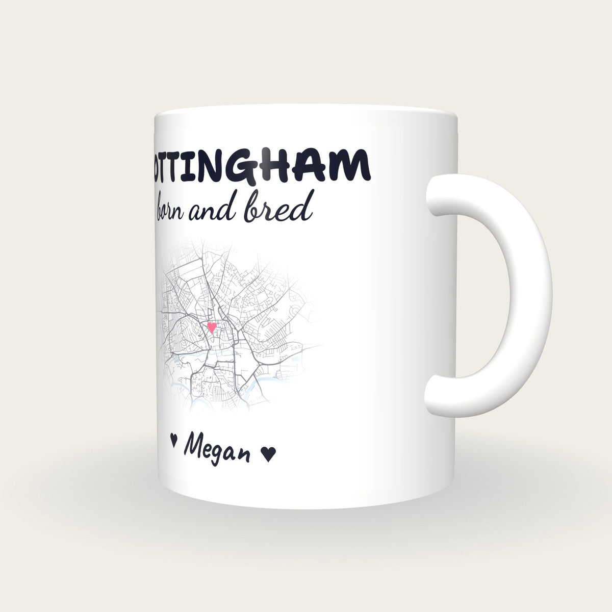 Personalised Nottingham Map Mug, Nottingham Born And Bred, three-quarter view