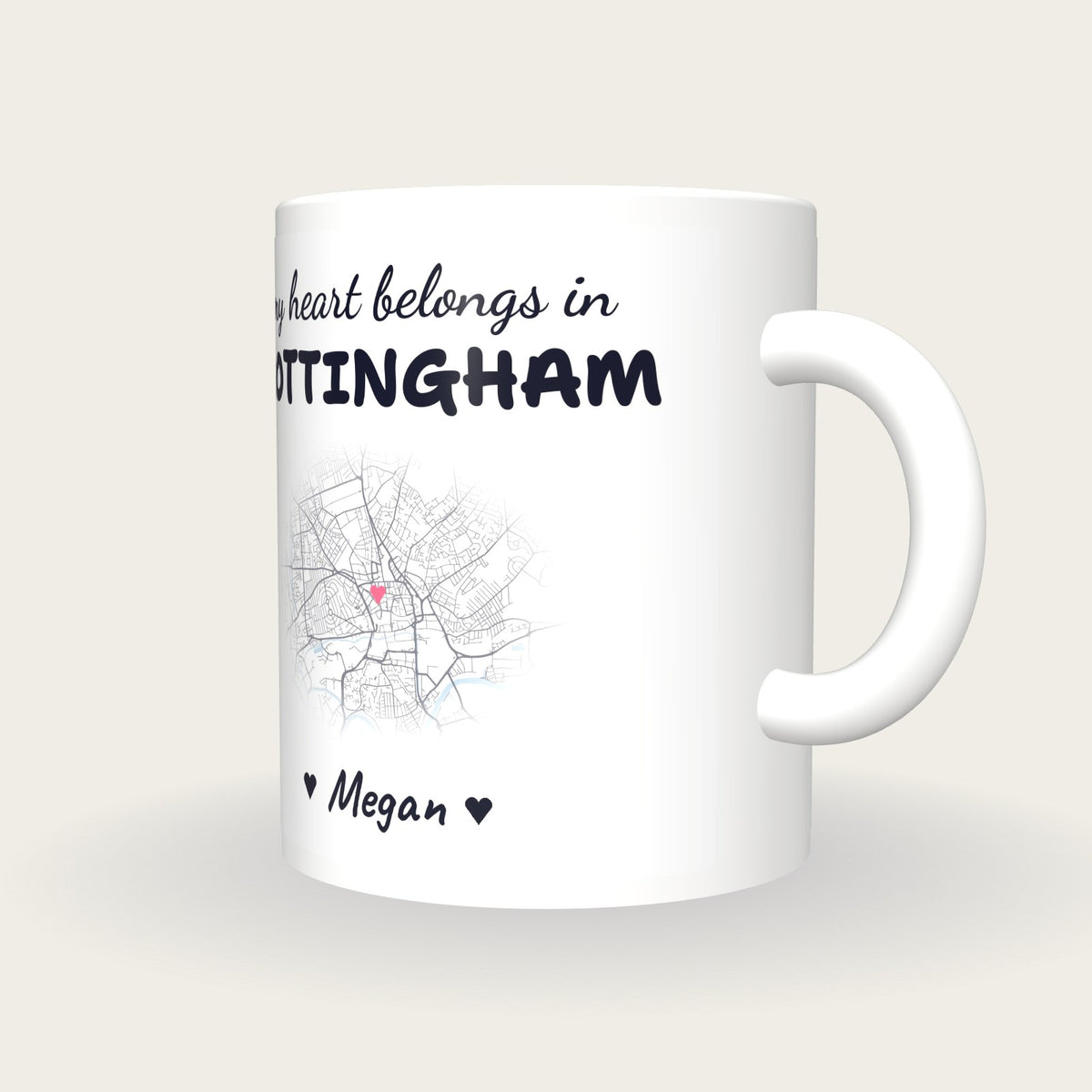 Personalised Nottingham Map Mug, My Heart Belongs In Nottingham, three-quarter view