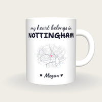 Personalised Nottingham Map Mug, My Heart Belongs In Nottingham, front