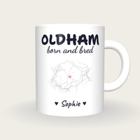 Personalised Oldham Map Mug, Oldham Born And Bred, front