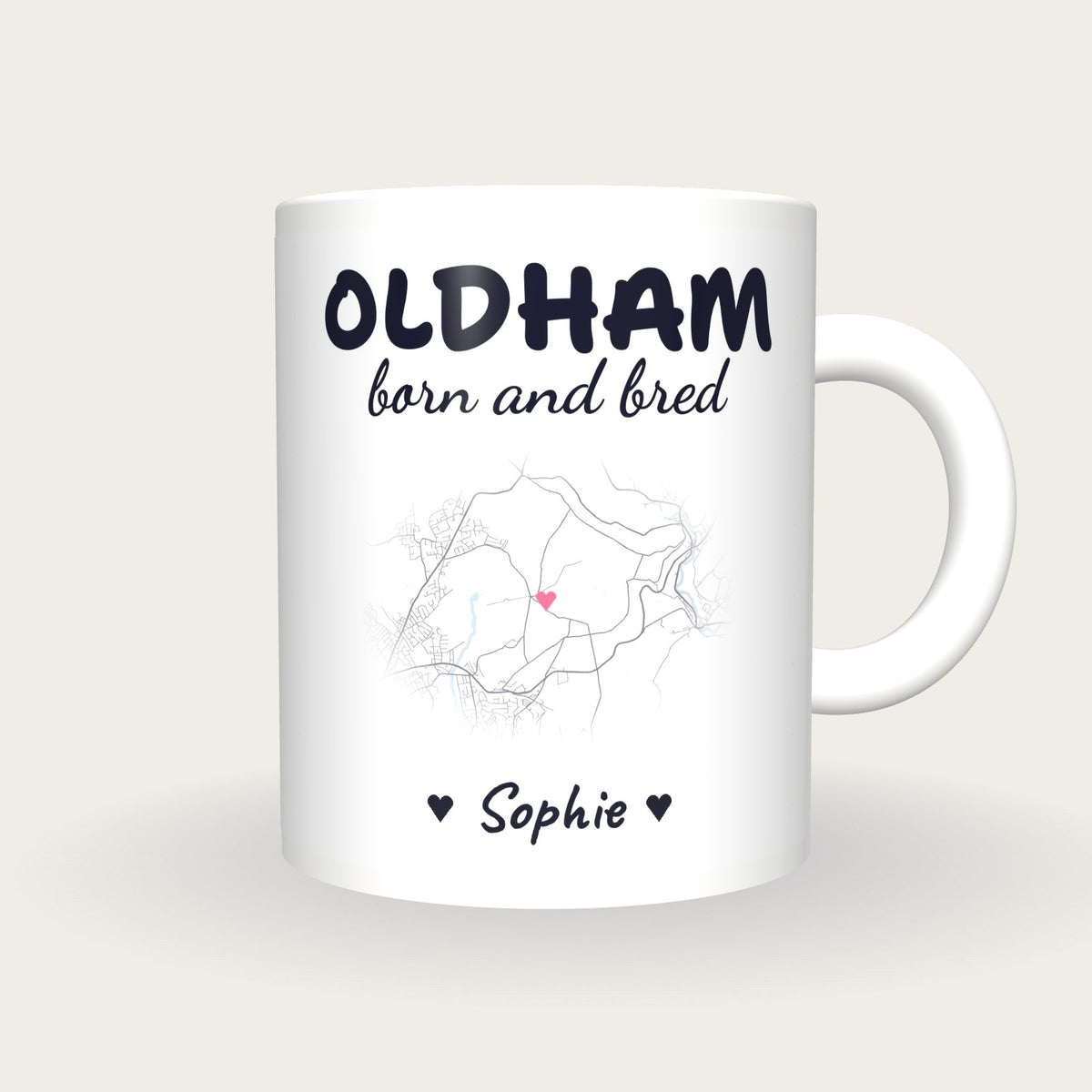Personalised Oldham Map Mug, Oldham Born And Bred, front