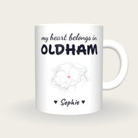 Personalised Oldham Map Mug, My Heart Belongs In Oldham, front
