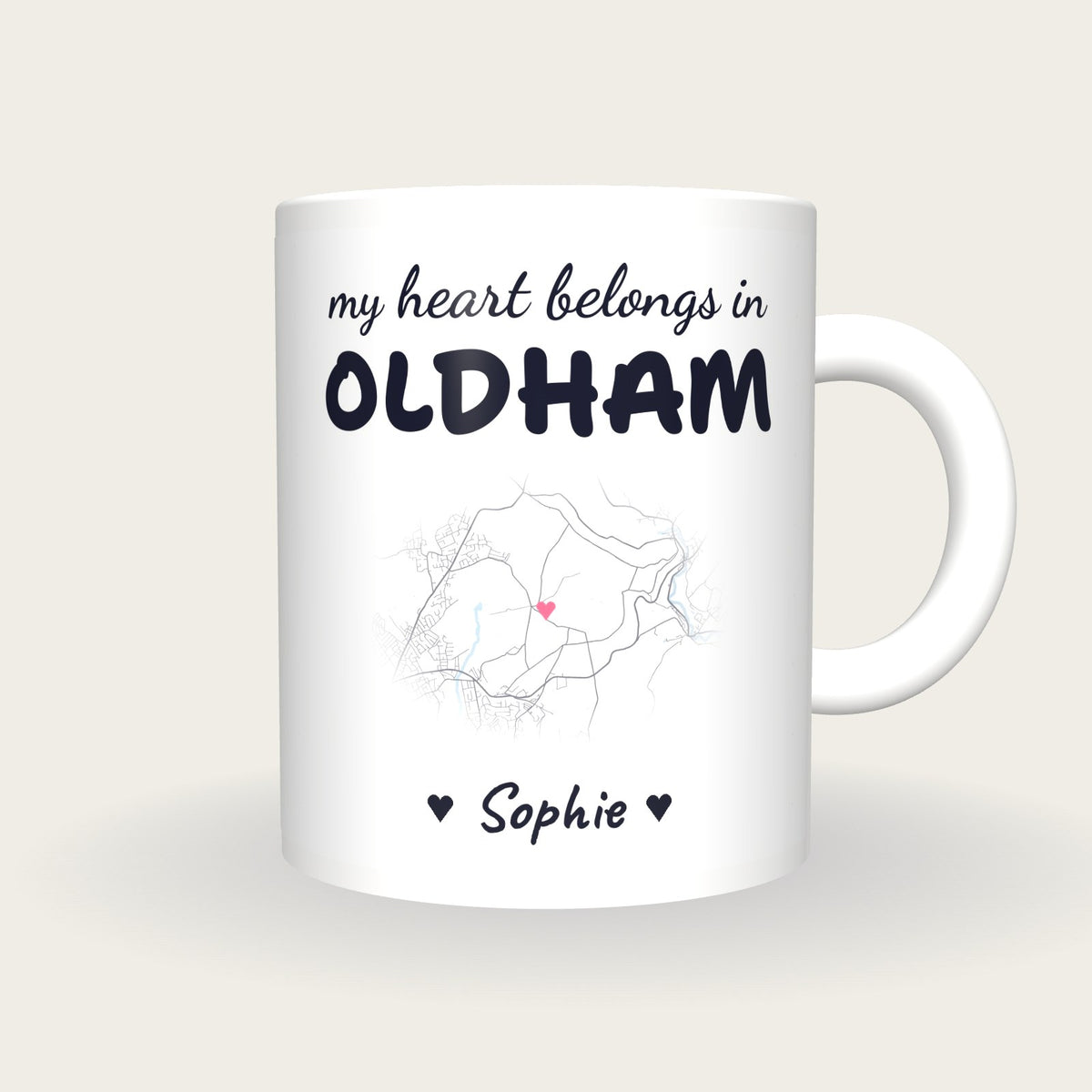 Personalised Oldham Map Mug, My Heart Belongs In Oldham, front