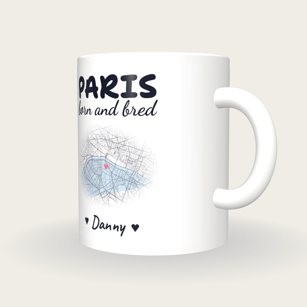 Personalised Paris Map Mug, Paris Born And Bred, three-quarter view