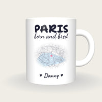 Personalised Paris Map Mug, Paris Born And Bred, front