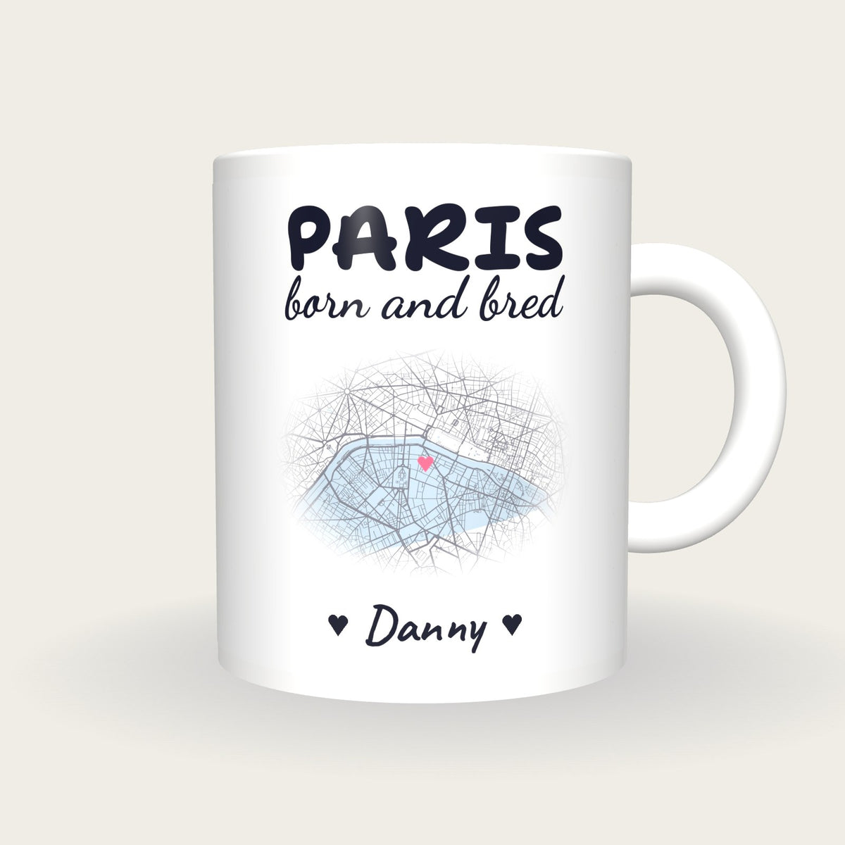Personalised Paris Map Mug, Paris Born And Bred, front