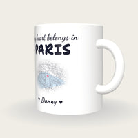 Personalised Paris Map Mug, My Heart Belongs In Paris, three-quarter view