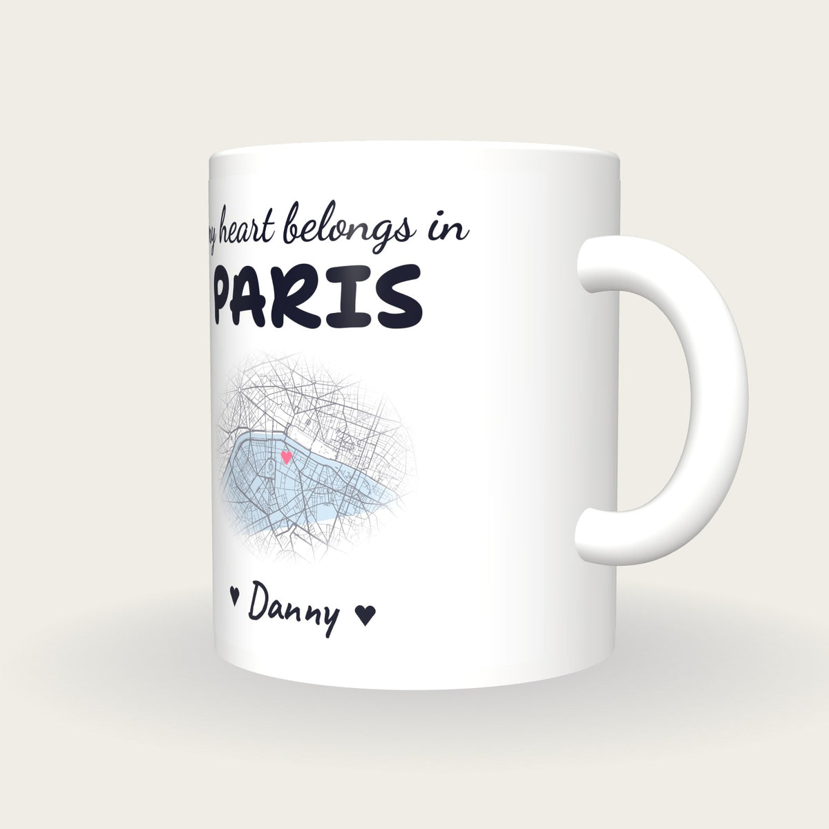 Personalised Paris Map Mug, My Heart Belongs In Paris, three-quarter view