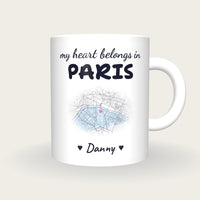 Personalised Paris Map Mug, My Heart Belongs In Paris, front