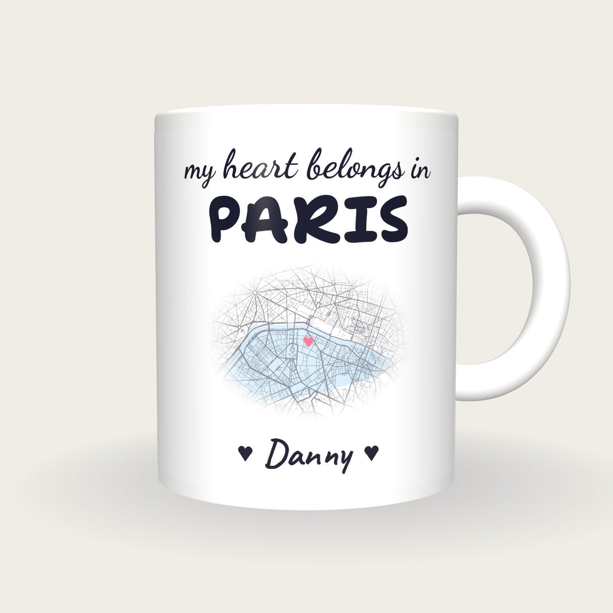 Personalised Paris Map Mug, My Heart Belongs In Paris, front