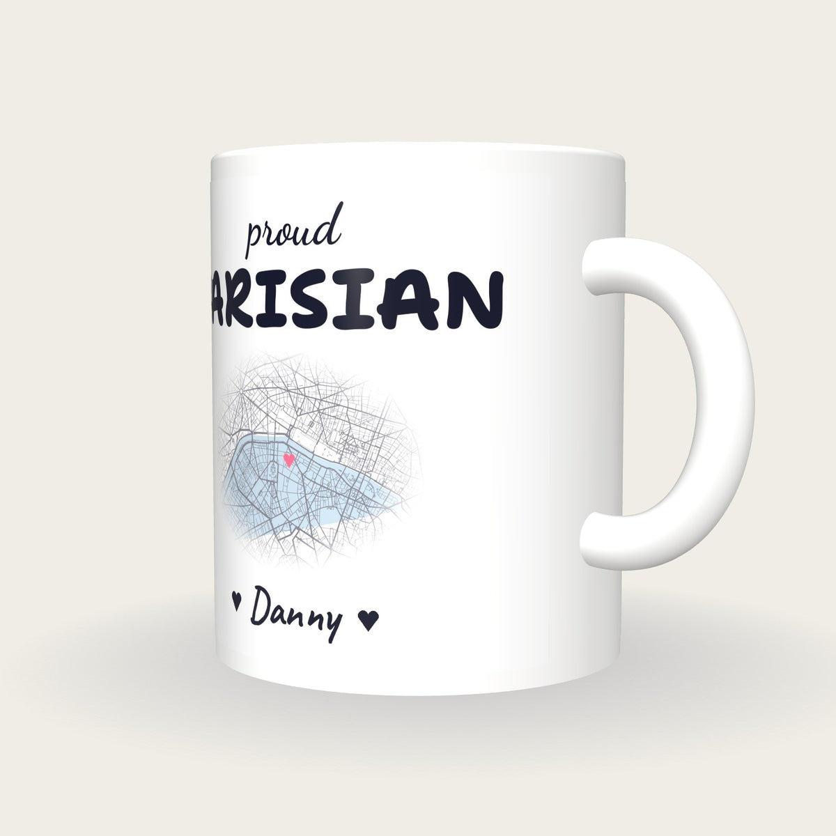 Personalised Paris Map Mug, Proud Parisian, three-quarter view