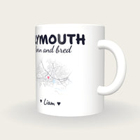 Personalised Plymouth Map Mug, Plymouth Born And Bred, three-quarter view