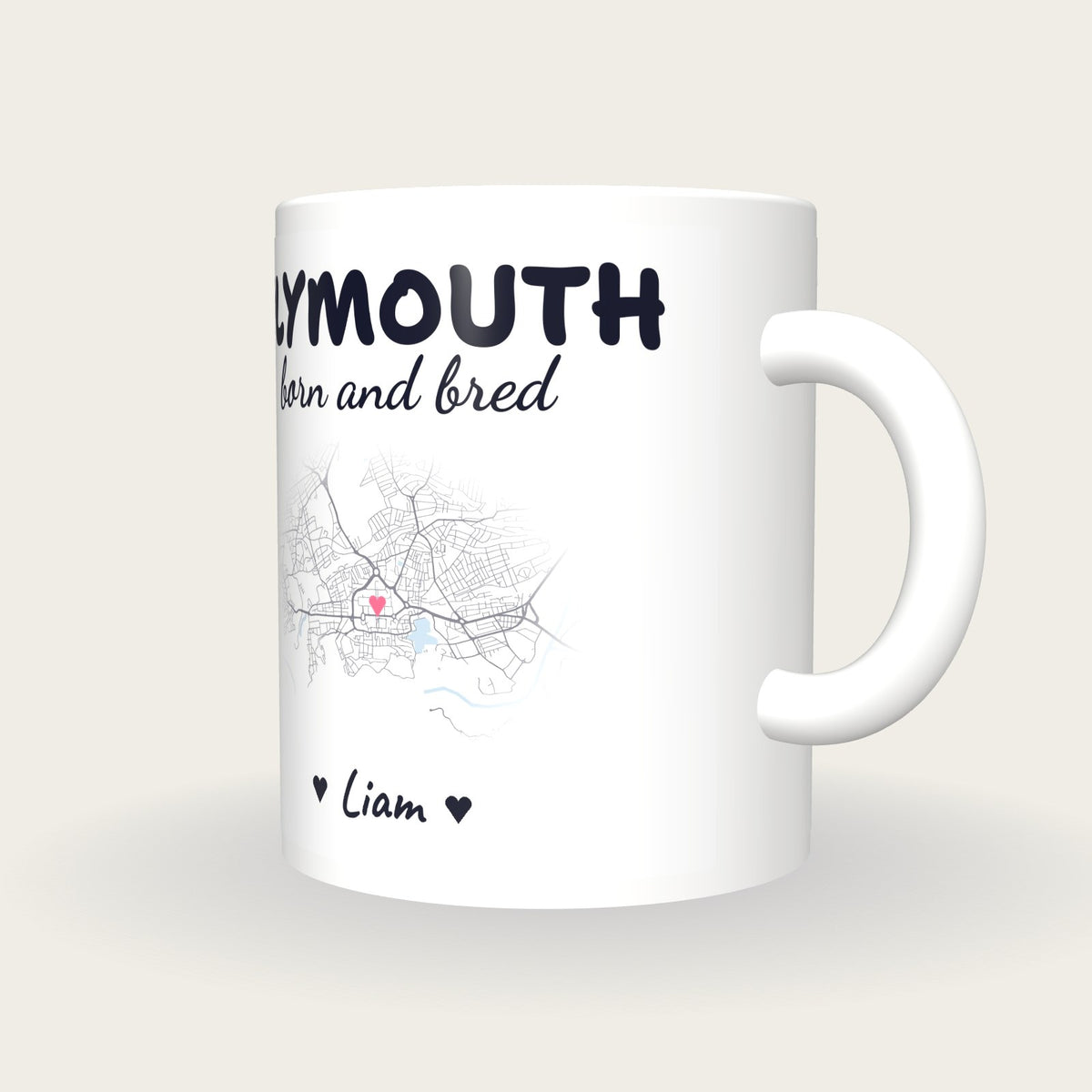 Personalised Plymouth Map Mug, Plymouth Born And Bred, three-quarter view