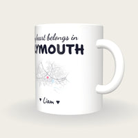 Personalised Plymouth Map Mug, My Heart Belongs In Plymouth, three-quarter view