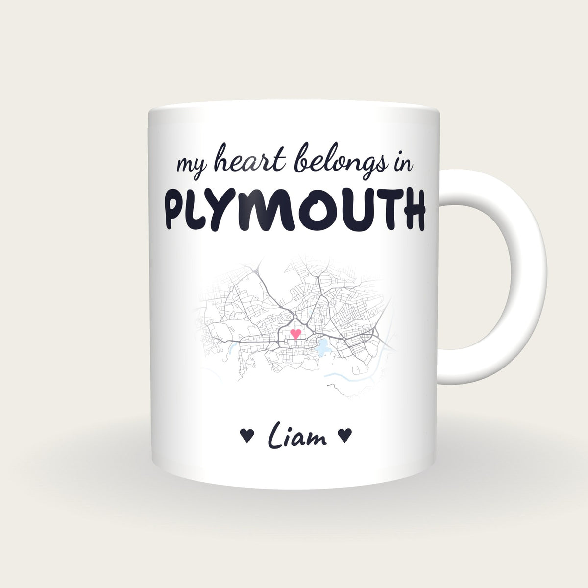 Personalised Plymouth Map Mug, My Heart Belongs In Plymouth, front