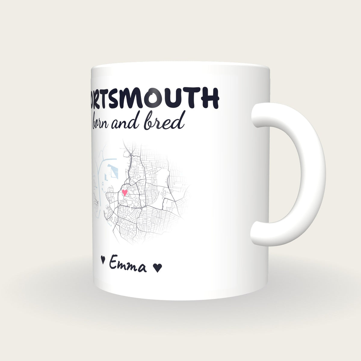 Personalised Portsmouth Map Mug, Portsmouth Born And Bred, three-quarter view