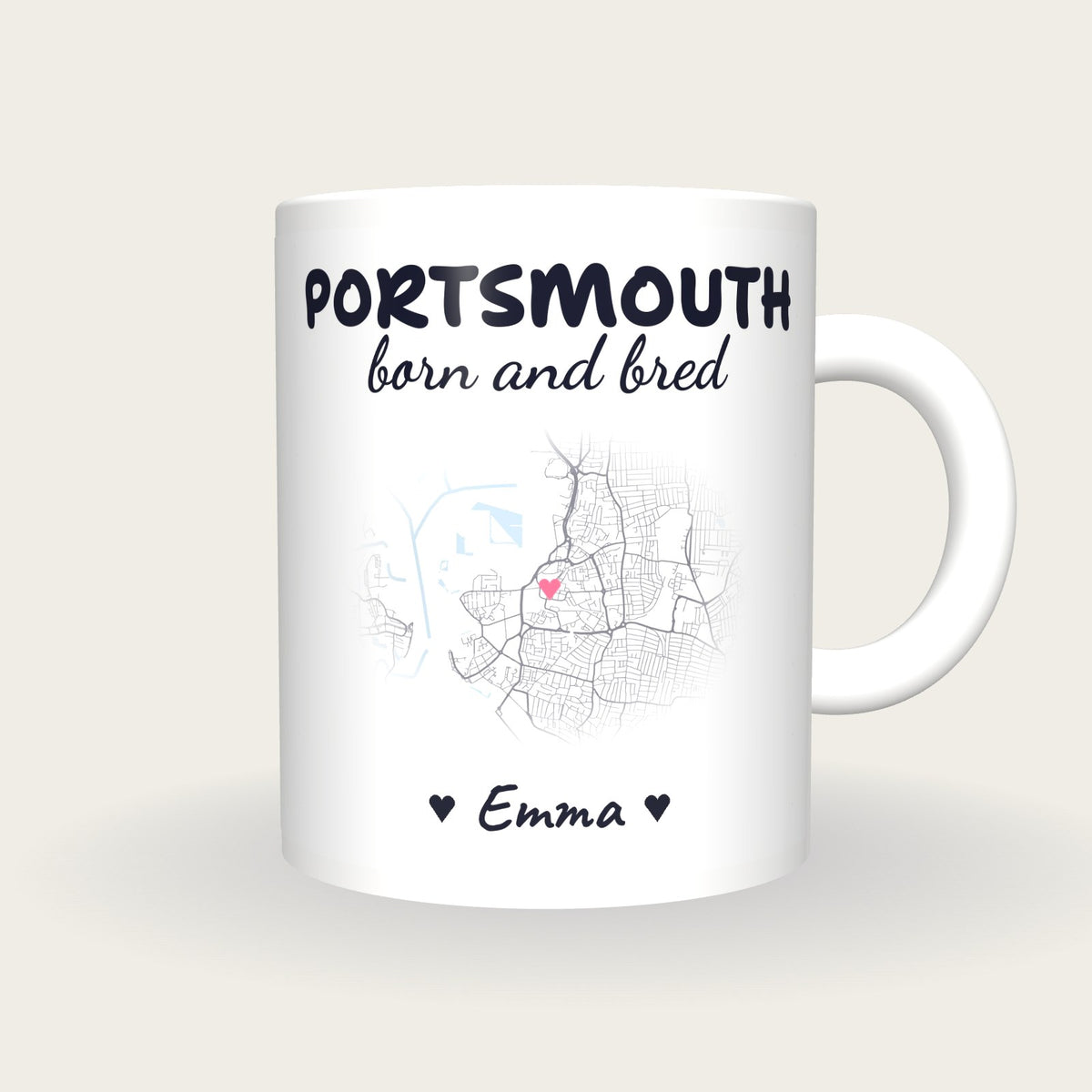 Personalised Portsmouth Map Mug, Portsmouth Born And Bred, front