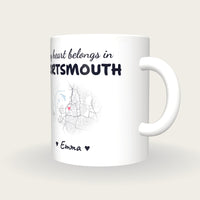 Personalised Portsmouth Map Mug, My Heart Belongs In Portsmouth, three-quarter view