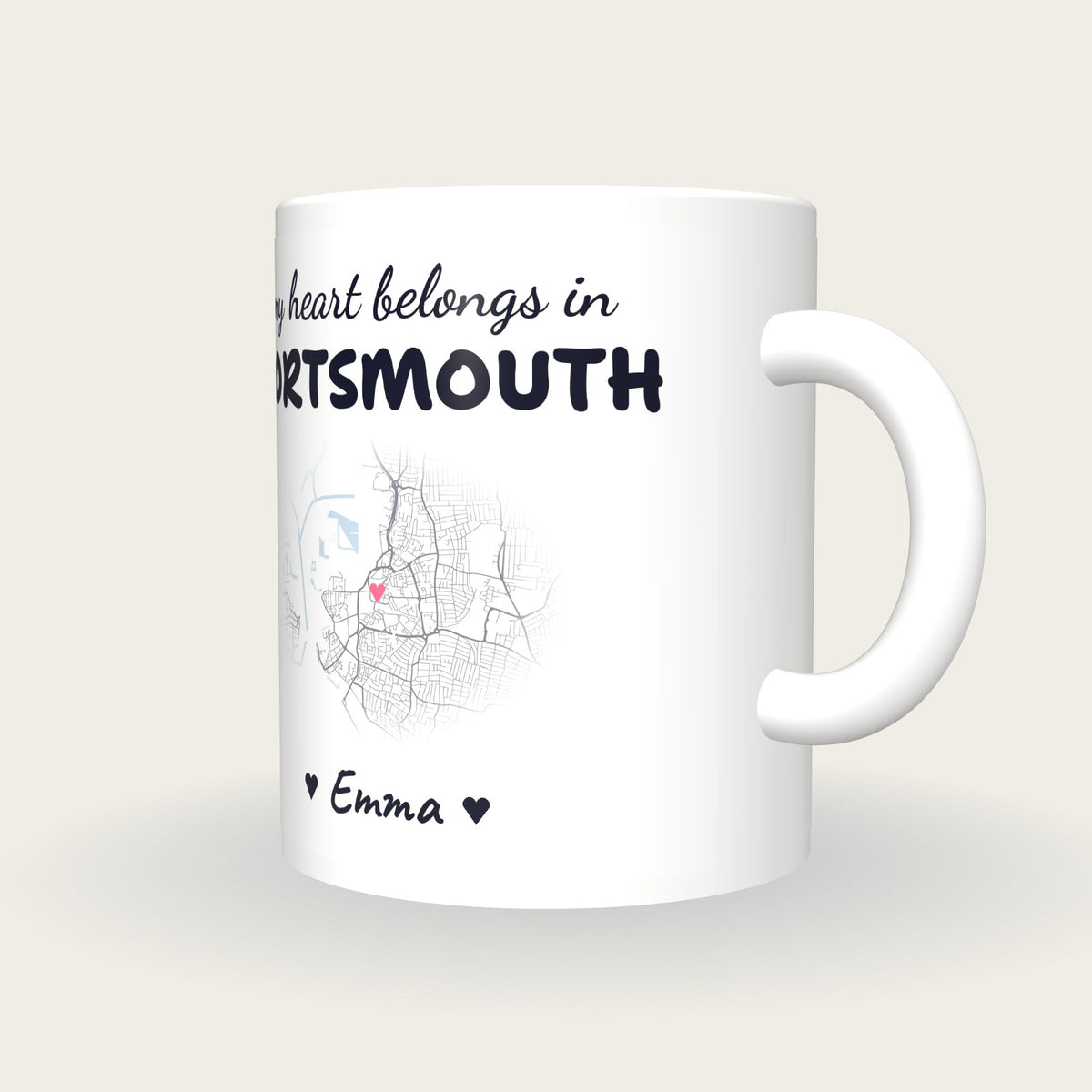 Personalised Portsmouth Map Mug, My Heart Belongs In Portsmouth, three-quarter view