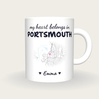 Personalised Portsmouth Map Mug, My Heart Belongs In Portsmouth, front