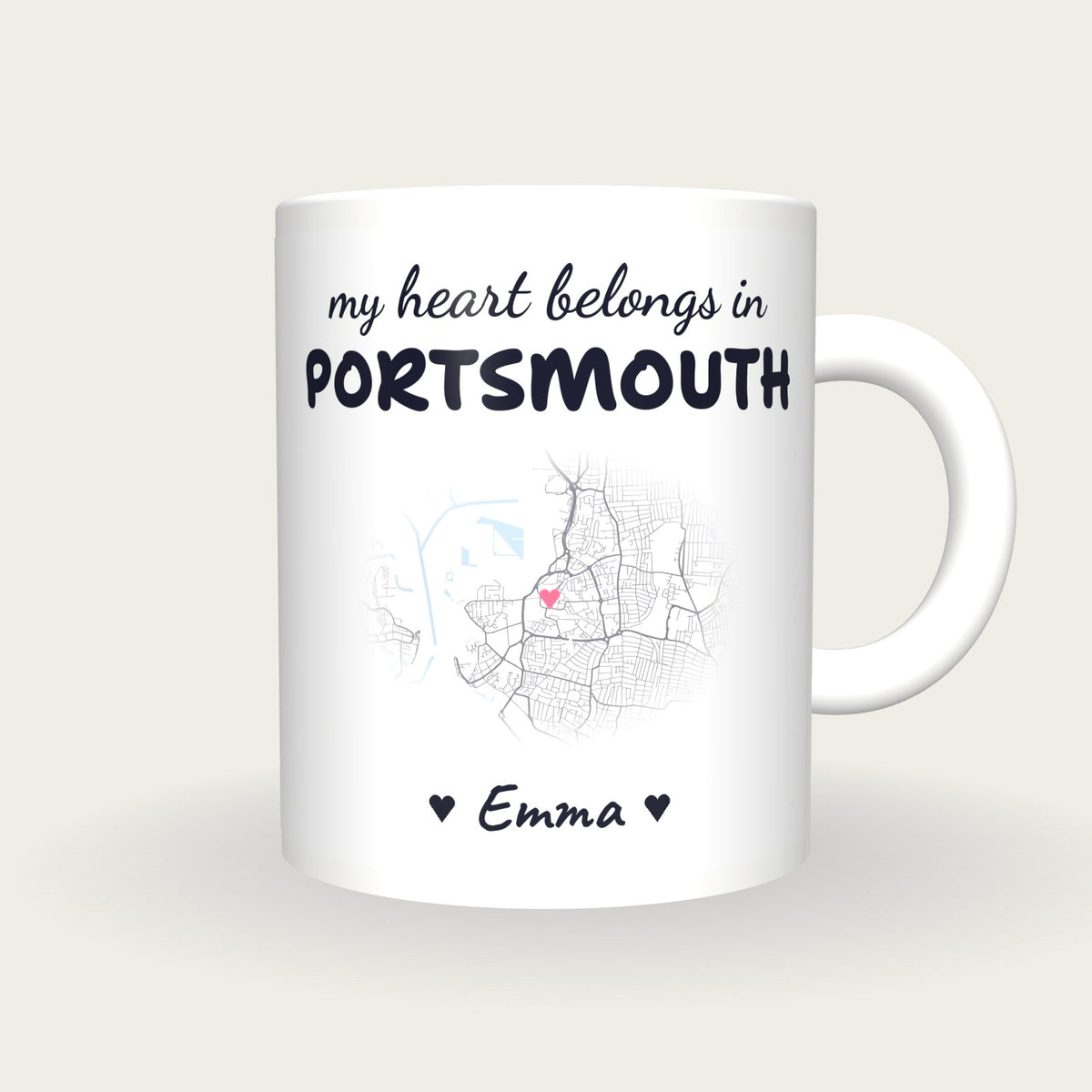 Personalised Portsmouth Map Mug, My Heart Belongs In Portsmouth, front