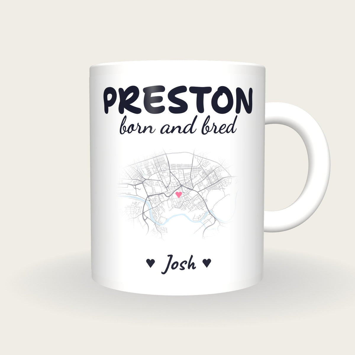 Personalised Preston Map Mug, Preston Born And Bred, front
