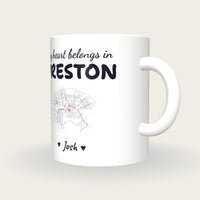 Personalised Preston Map Mug, My Heart Belongs In Preston, three-quarter view