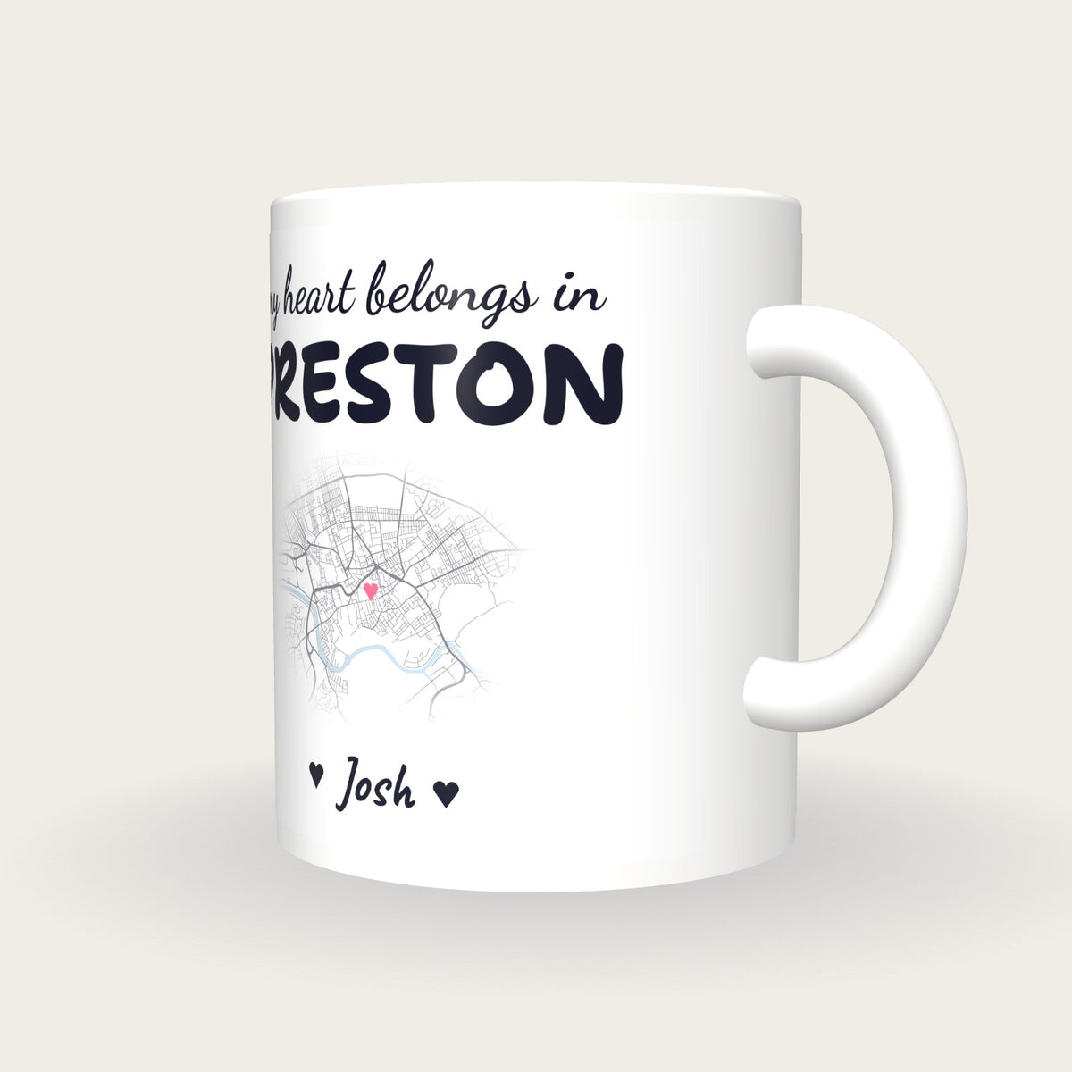 Personalised Preston Map Mug, My Heart Belongs In Preston, three-quarter view