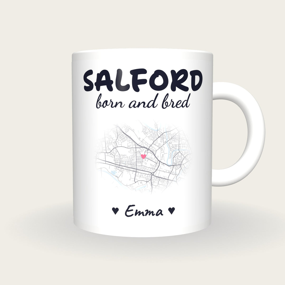 Personalised Salford Map Mug, Salford Born And Bred, front