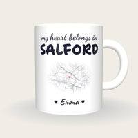 Personalised Salford Map Mug, My Heart Belongs In Salford, front