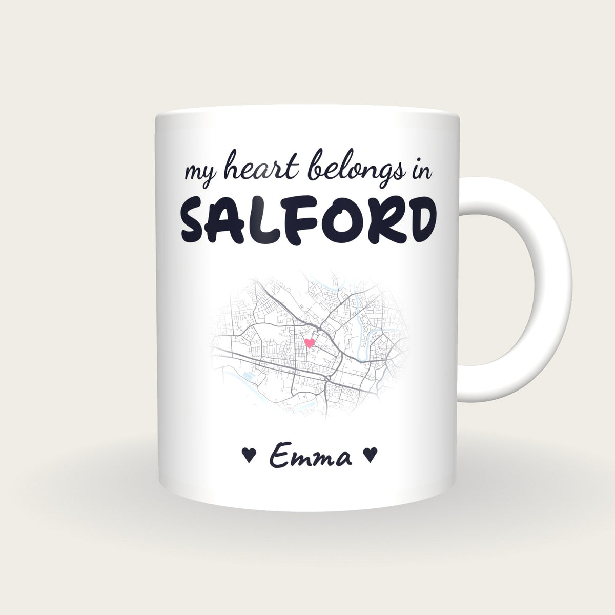 Personalised Salford Map Mug, My Heart Belongs In Salford, front