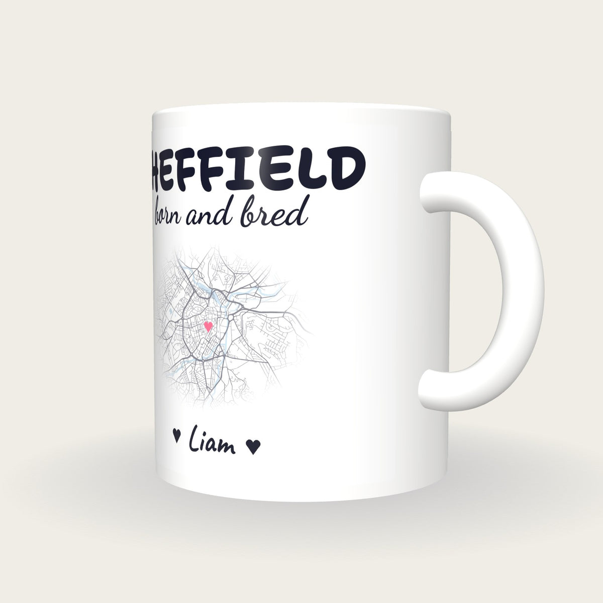Personalised Sheffield Map Mug, Sheffield Born And Bred, three-quarter view